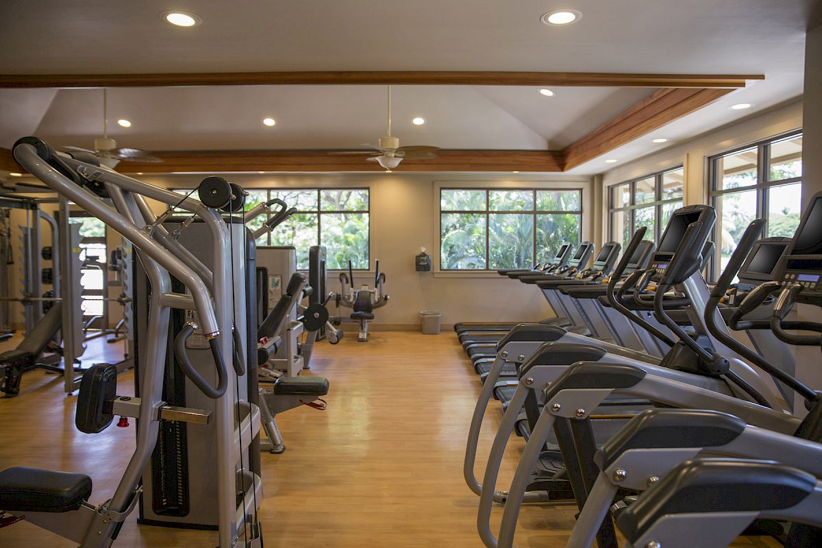 The image shows a spacious gym with various exercise equipment including treadmills, ellipticals, and weight machines, with large windows and wooden flooring.