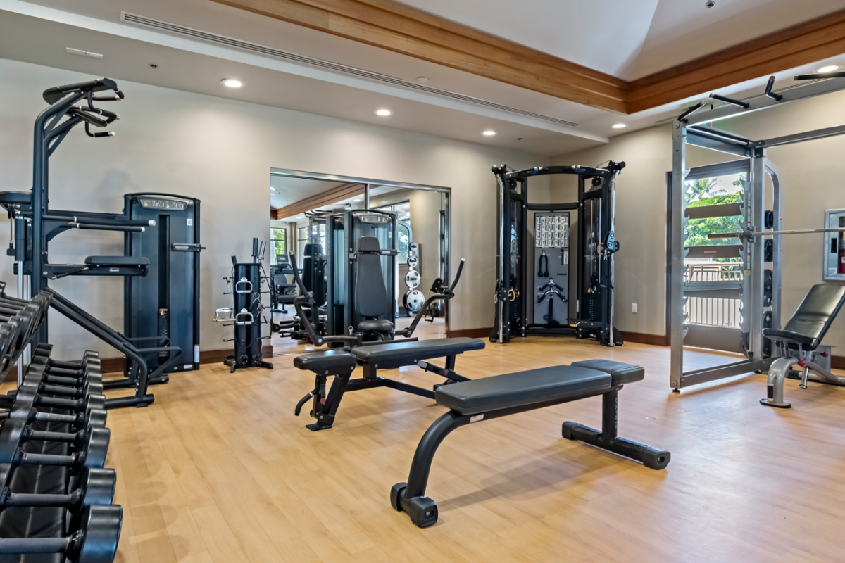 The image shows a well-equipped gym with various exercise machines, weights, benches, and mirrors, all set in a clean, spacious room.