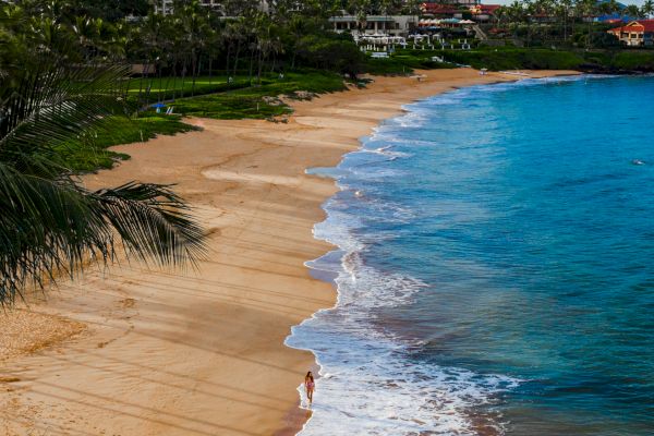 A serene beach with golden sand, turquoise waters, and a lone person walking along the shore; buildings and palm trees are in the distance.