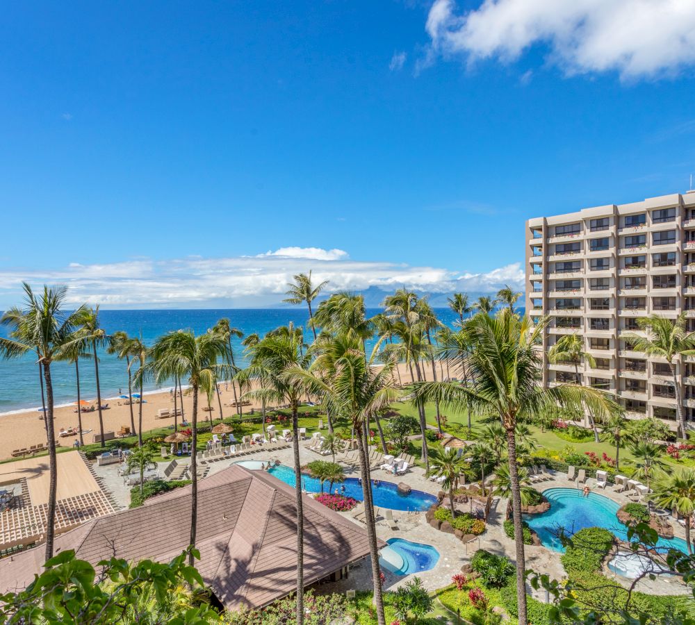 This image shows a beachfront resort with a large building, palm trees, swimming pools, and people relaxing by the beach and pool areas.