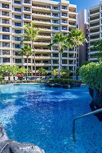 The image shows a serene pool area surrounded by greenery and a multi-story building under a clear blue sky.